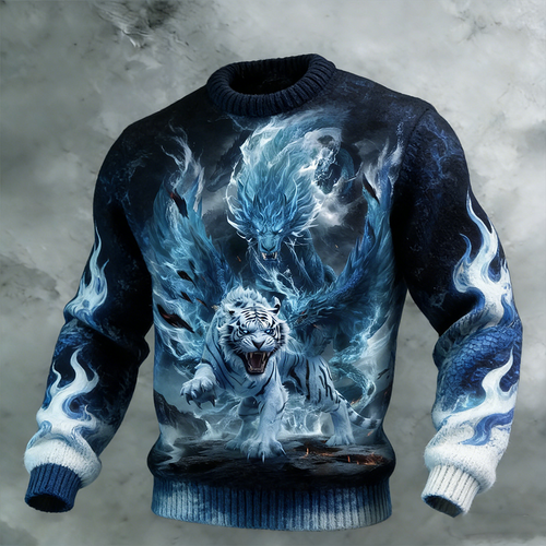Comstylish Dragon And Tiger Retro Printed Men's Sweater