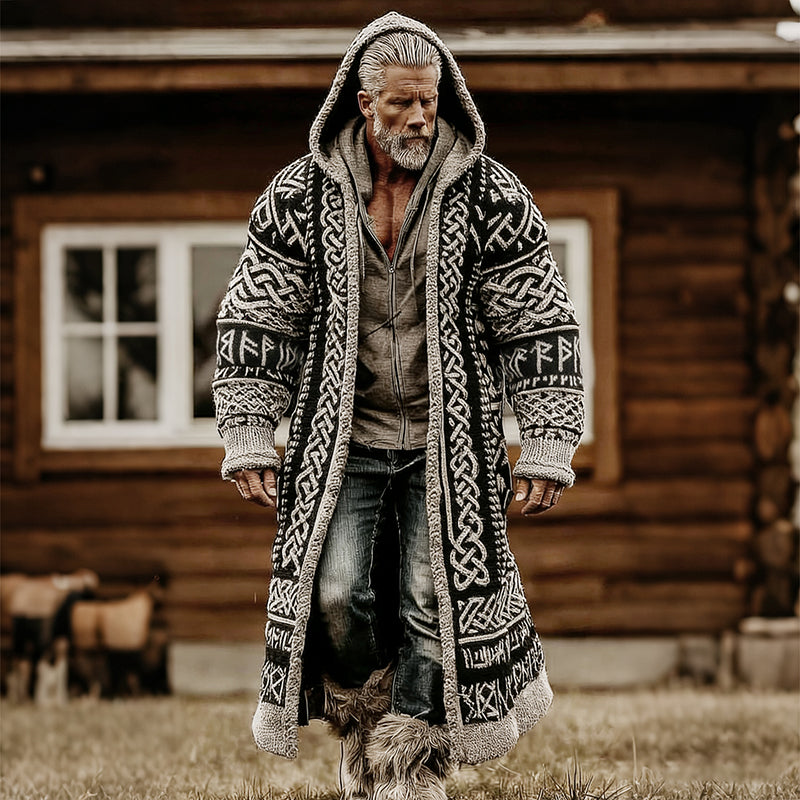 Comstylish Men's Vintage Viking Celtic Knot Art Mid-length Sweater Cardigan