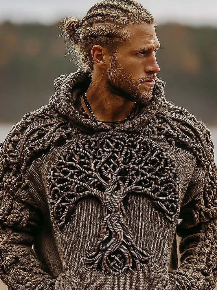 Comstylish Men's Viking Celtic Knot Tree Of Life Knitted Warm Hooded Sweater