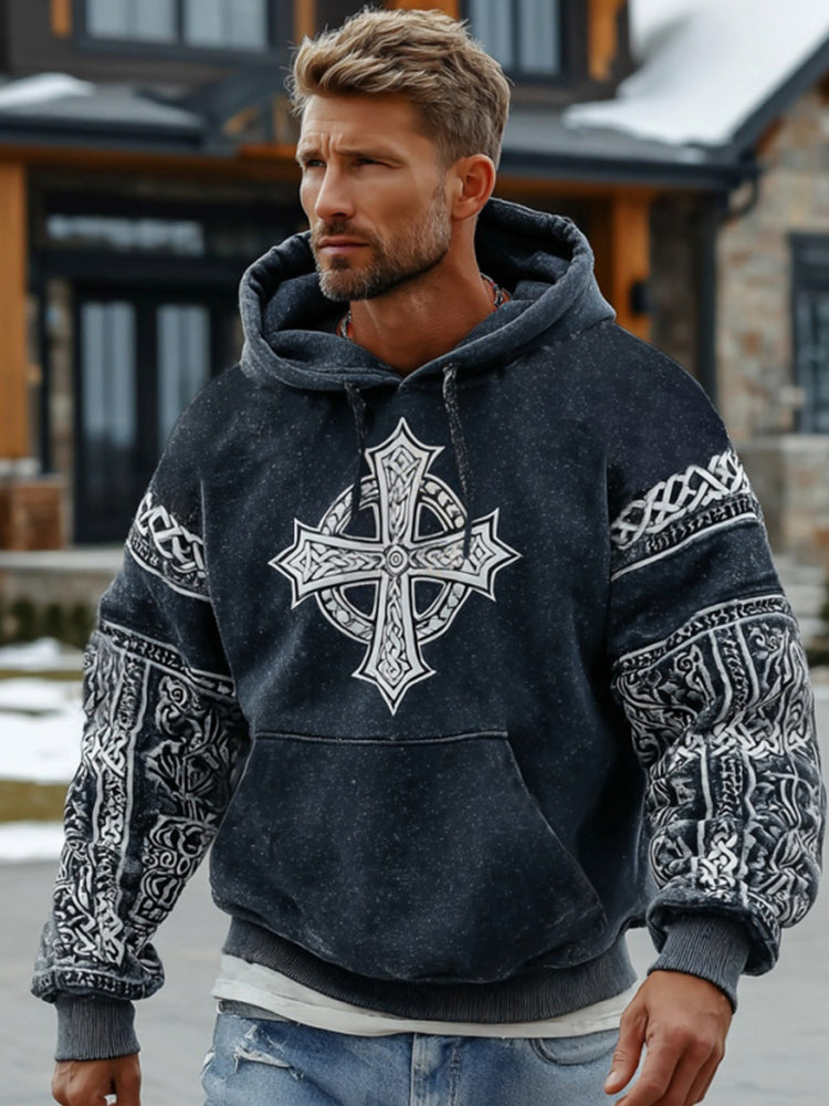 Comstylish Men's Celtic Knot And Cross Pattern Comfortable Hooded Sweatshirt