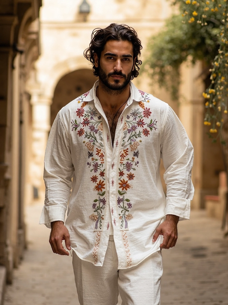 Comstylish Men's Floral Embroidered Linen Casual Long Sleeve Shirt