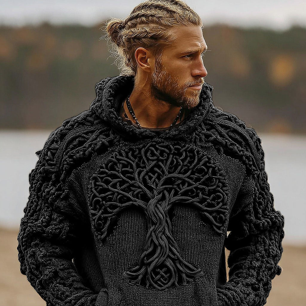 Comstylish Men's Viking Celtic Knot Tree Of Life Knitted Warm Hooded Sweater