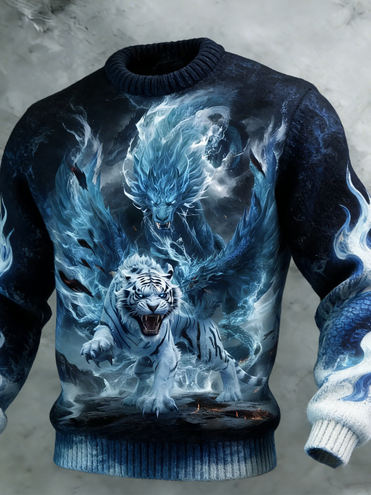 Comstylish Dragon And Tiger Retro Printed Men's Sweater
