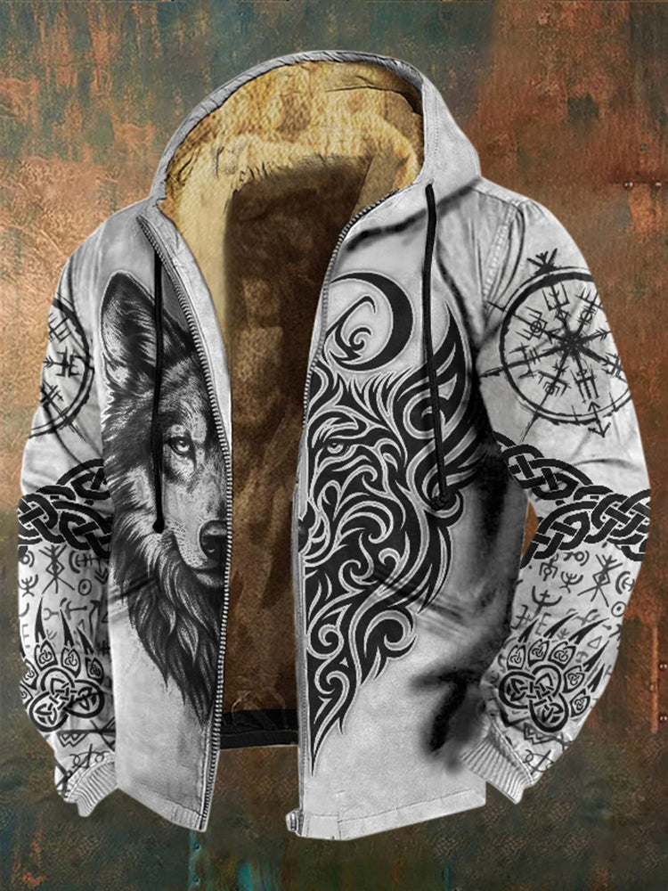 Comstylish Men's Viking Wolf Print Casual Zip Up Jacket