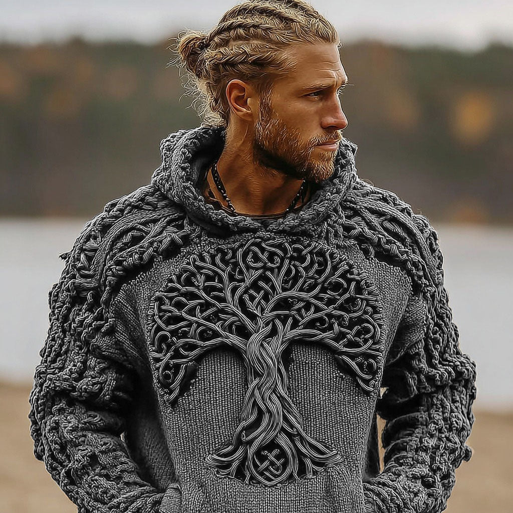 Comstylish Men's Viking Celtic Knot Tree Of Life Knitted Warm Hooded Sweater