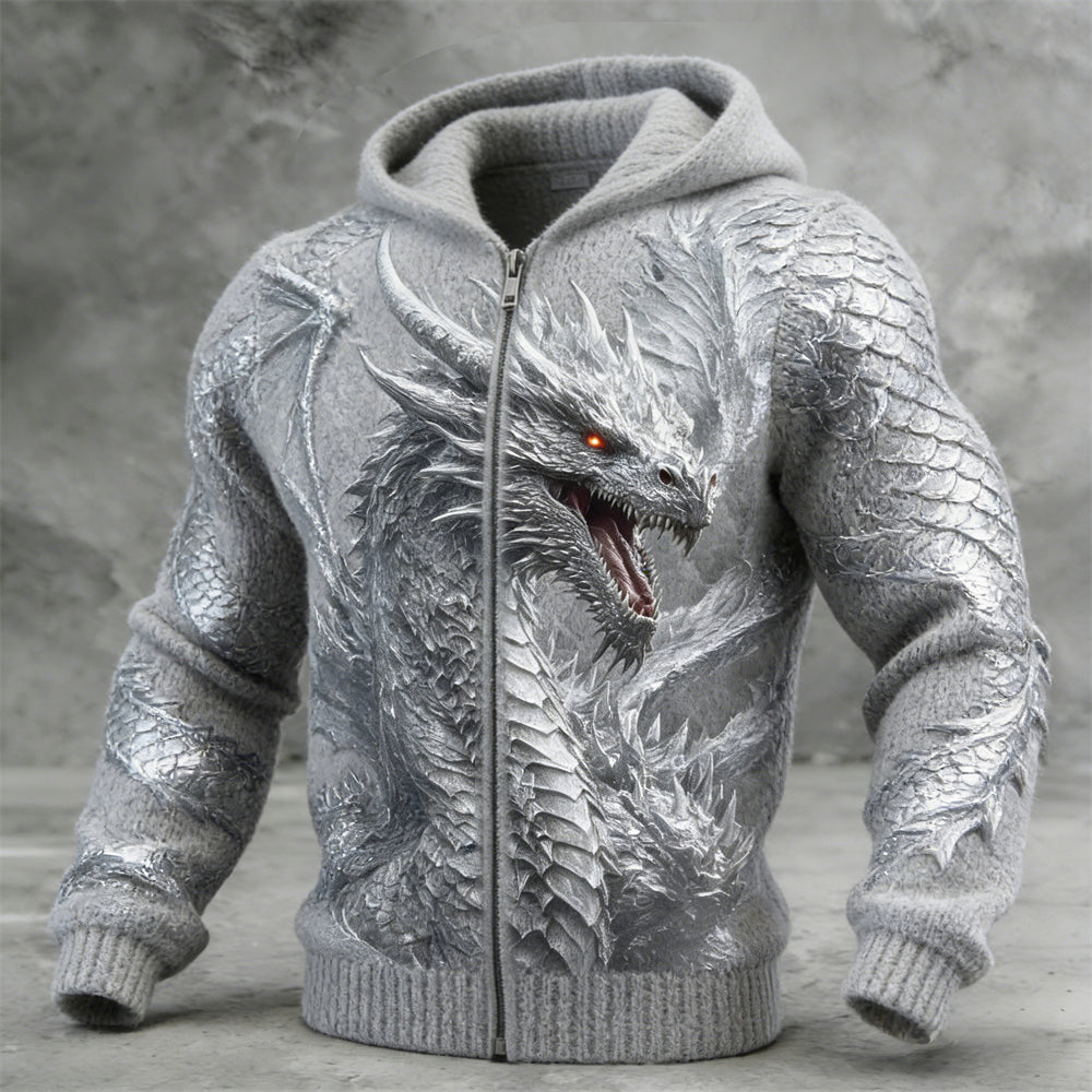 Comstylish Silver Celtic Dragon Pattern Men's Cozy Full-zip Hooded Sweater