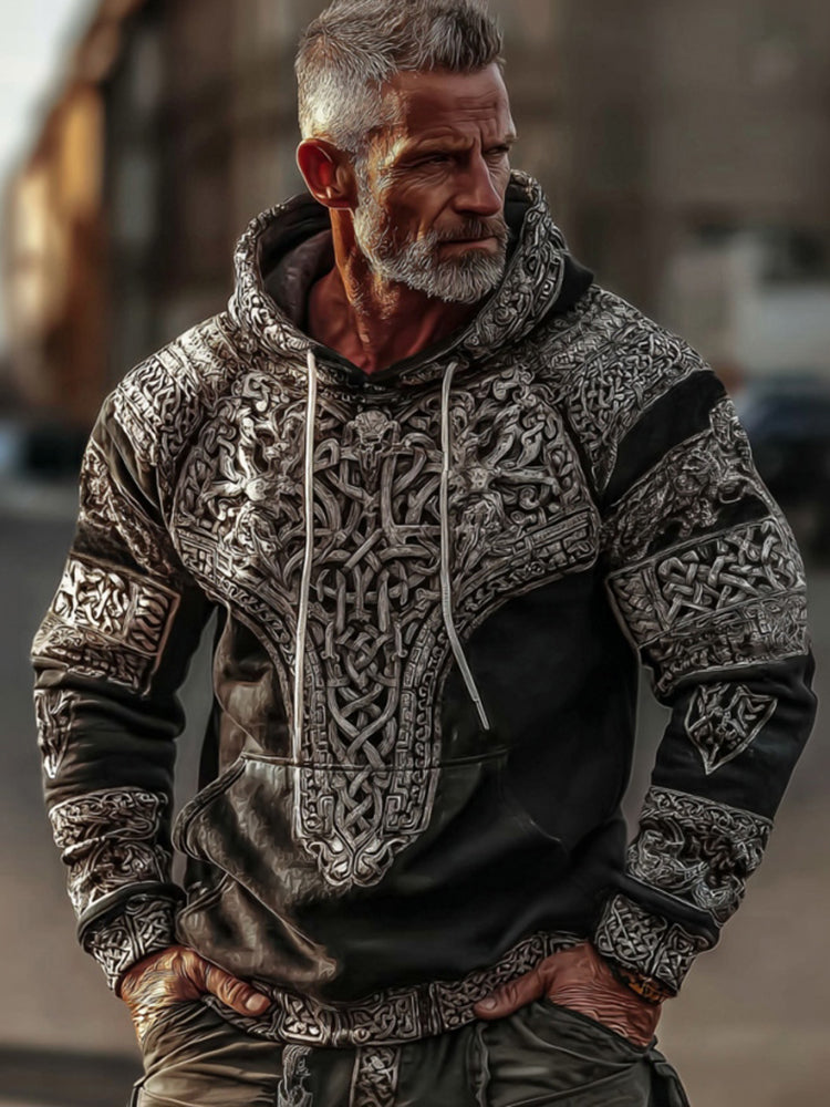Comstylish Men's Vintage Viking Celtic Knot Pattern Comfortable Hooded Sweatshirt