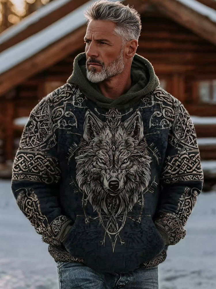 Comstylish Men's Vintage Viking Celtic Wolf Pattern Hoodie