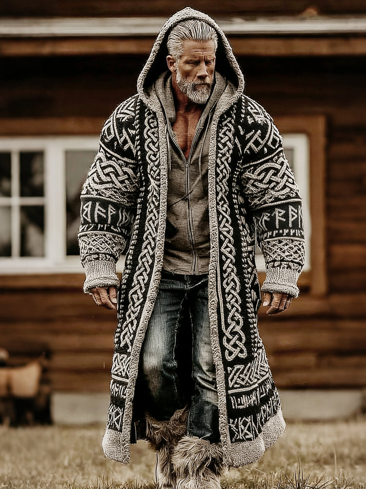 Comstylish Men's Vintage Viking Celtic Knot Art Mid-length Sweater Cardigan