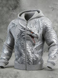 Comstylish Silver Celtic Dragon Pattern Men's Cozy Full-zip Hooded Sweater