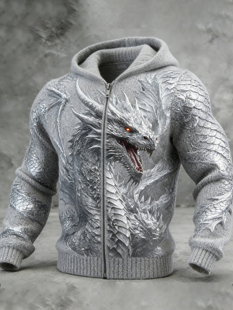 Comstylish Silver Celtic Dragon Pattern Men's Cozy Full-zip Hooded Sweater