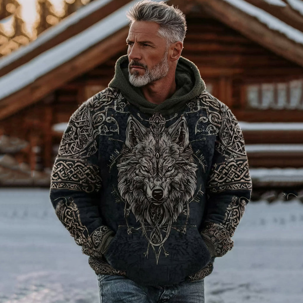 Comstylish Men's Vintage Viking Celtic Wolf Pattern Hoodie