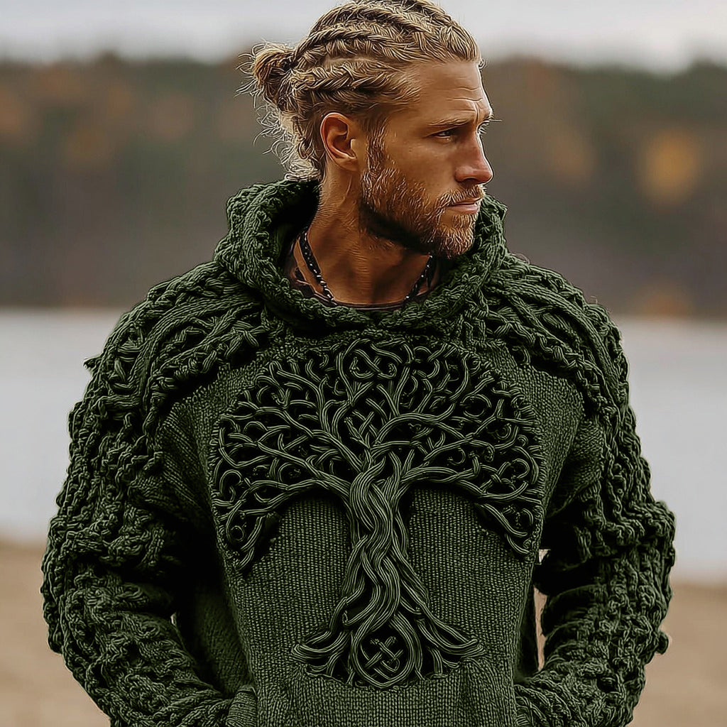 Comstylish Men's Viking Celtic Knot Tree Of Life Knitted Warm Hooded Sweater