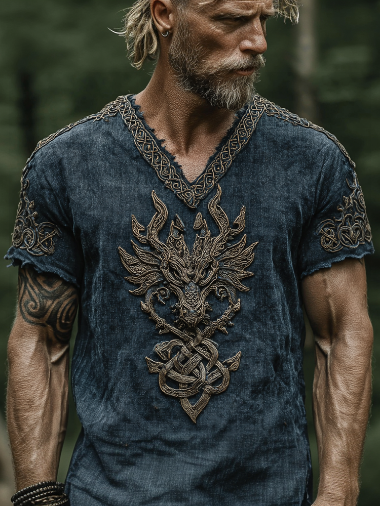 Comstylish Men's Vintage Viking Dragon Celtic Art Linen Blend T-shirt