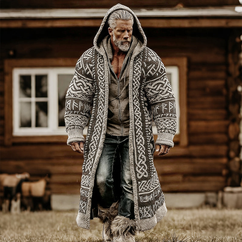 Comstylish Men's Vintage Viking Celtic Knot Art Mid-length Sweater Cardigan