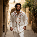 Comstylish Men's Floral Embroidered Linen Casual Long Sleeve Shirt