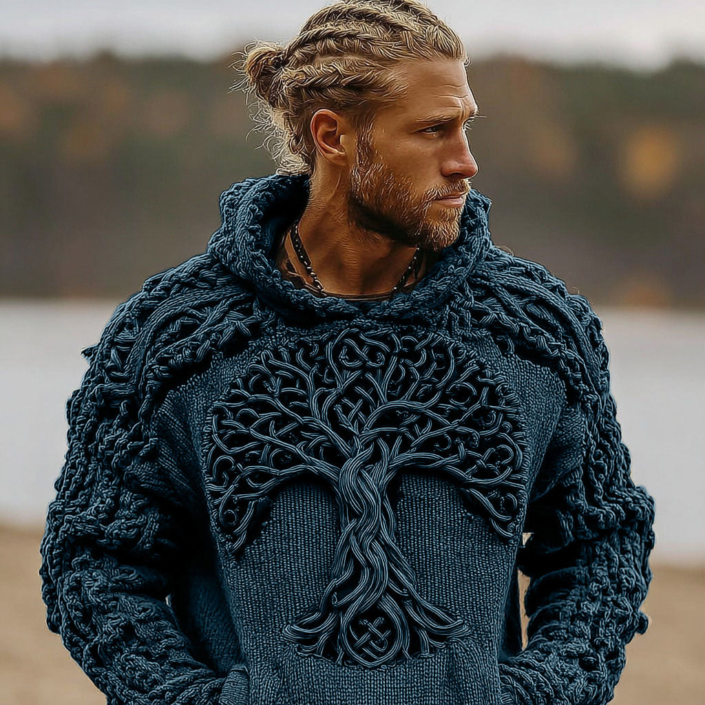 Comstylish Men's Viking Celtic Knot Tree Of Life Knitted Warm Hooded Sweater
