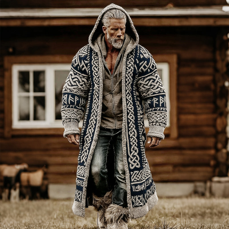 Comstylish Men's Vintage Viking Celtic Knot Art Mid-length Sweater Cardigan