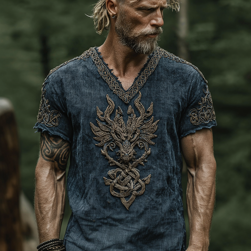 Comstylish Men's Vintage Viking Dragon Celtic Art Linen Blend T-shirt