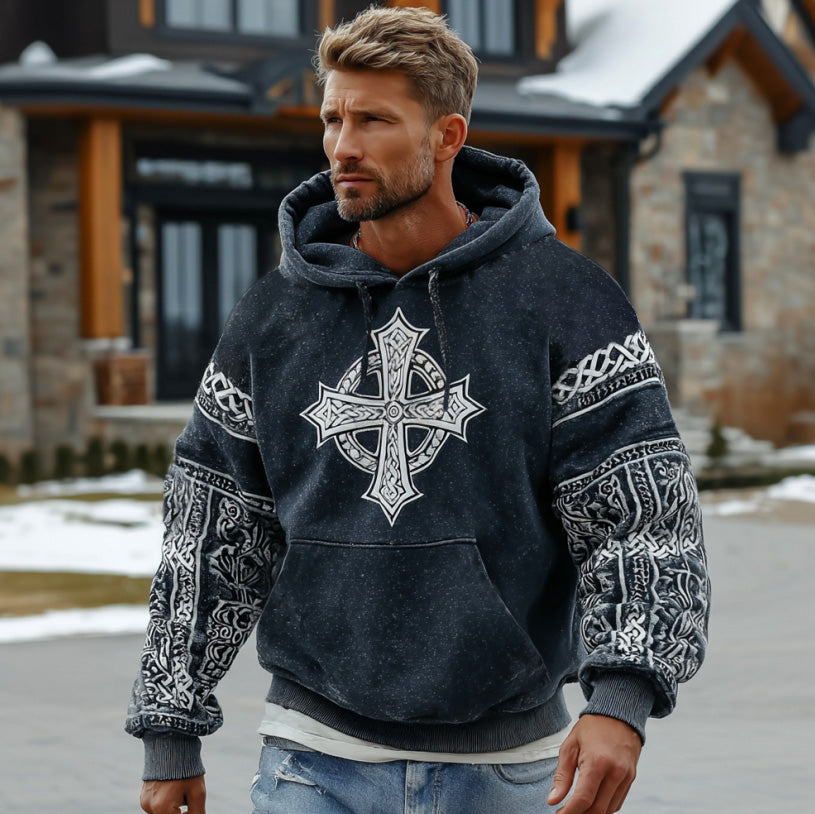 Comstylish Men's Celtic Knot And Cross Pattern Comfortable Hooded Sweatshirt